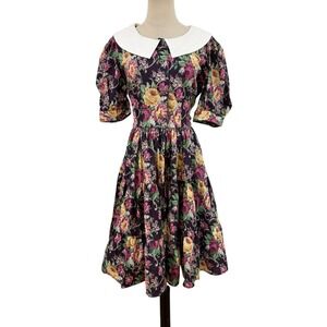 Vtg 80s‎ Homemade Dress Floral Peter Pan Collar Puff Sleeve Cottagecore Modest
